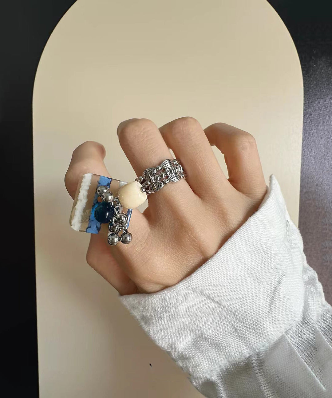 Chic Blue Titanium Stee Acrylic Tassel Stretch Rings