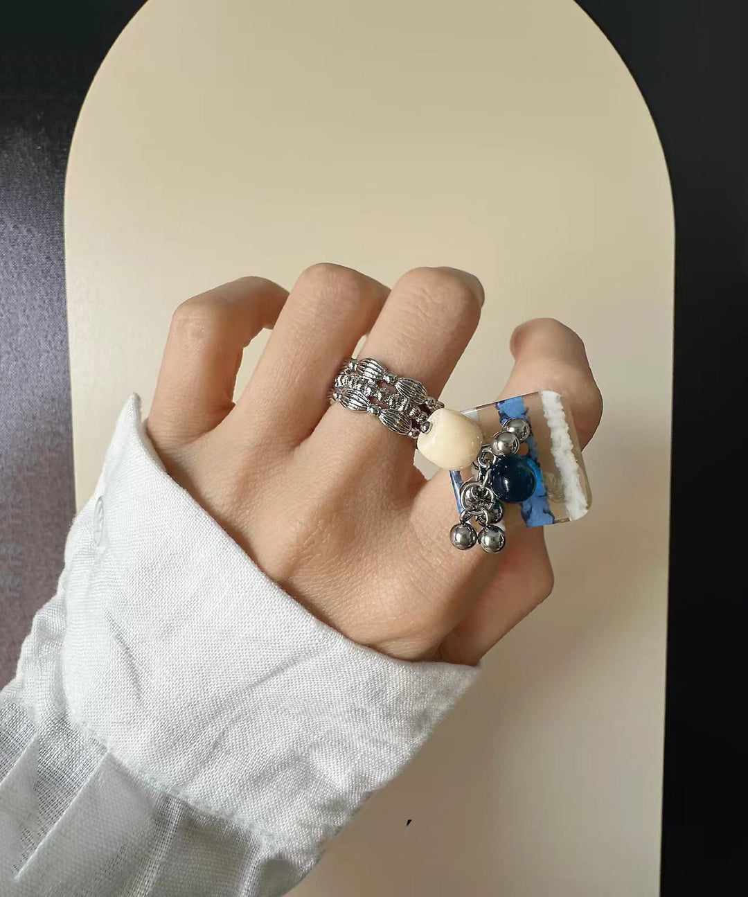 Chic Blue Titanium Stee Acrylic Tassel Stretch Rings