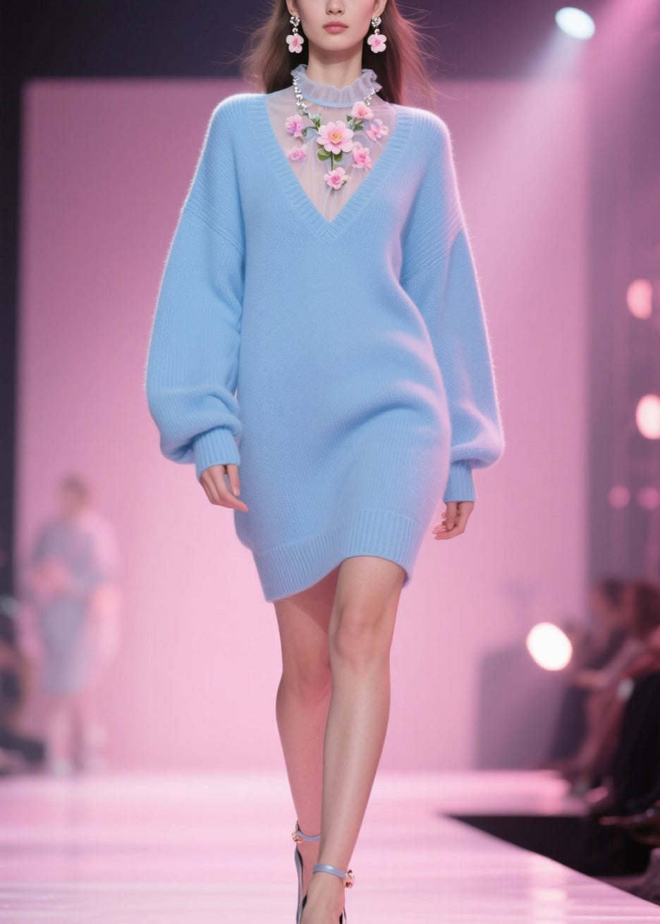 Chic Blue Tulle Floral Patchwork Knit Mid Dress Fall