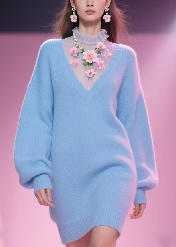 Chic Blue Tulle Floral Patchwork Knit Mid Dress Fall