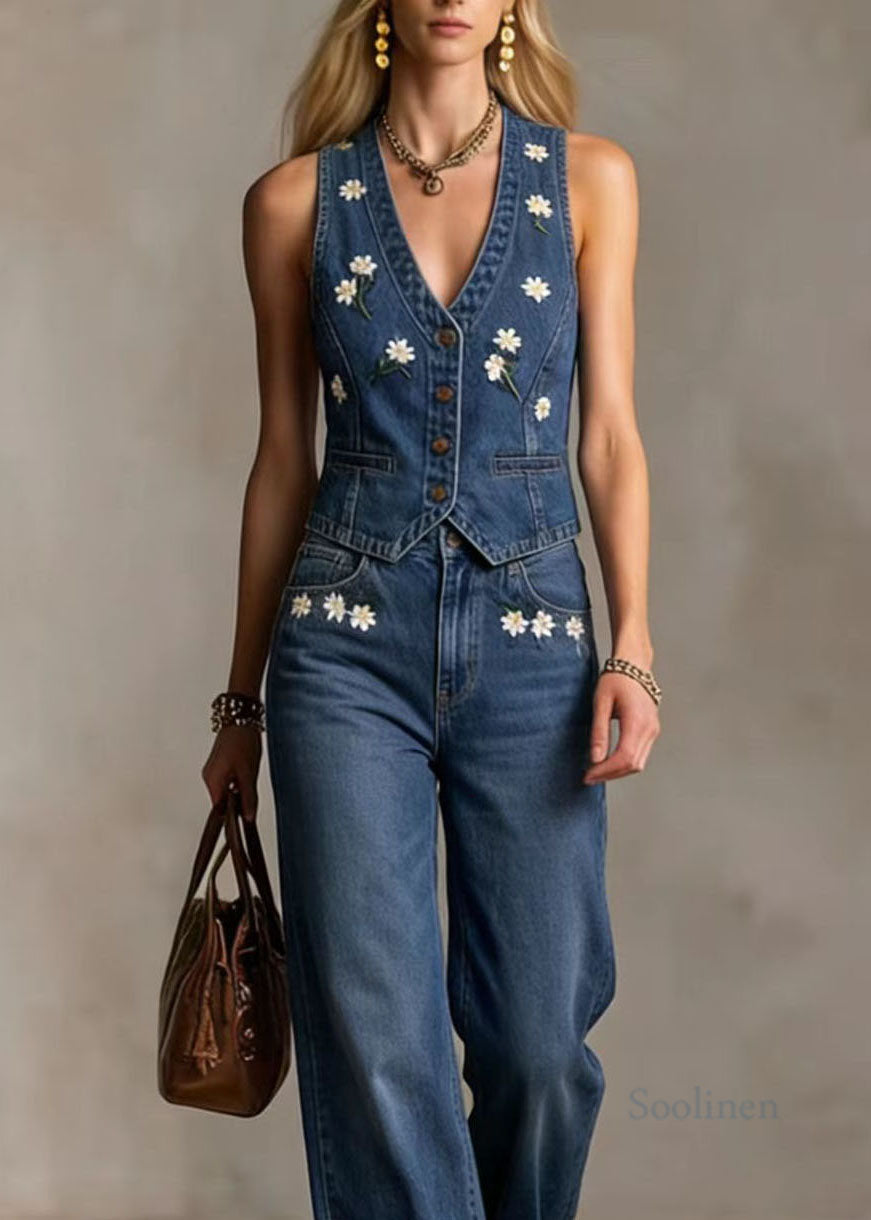Chic Blue V Neck Embroidered Denim Two Pieces Set Summer