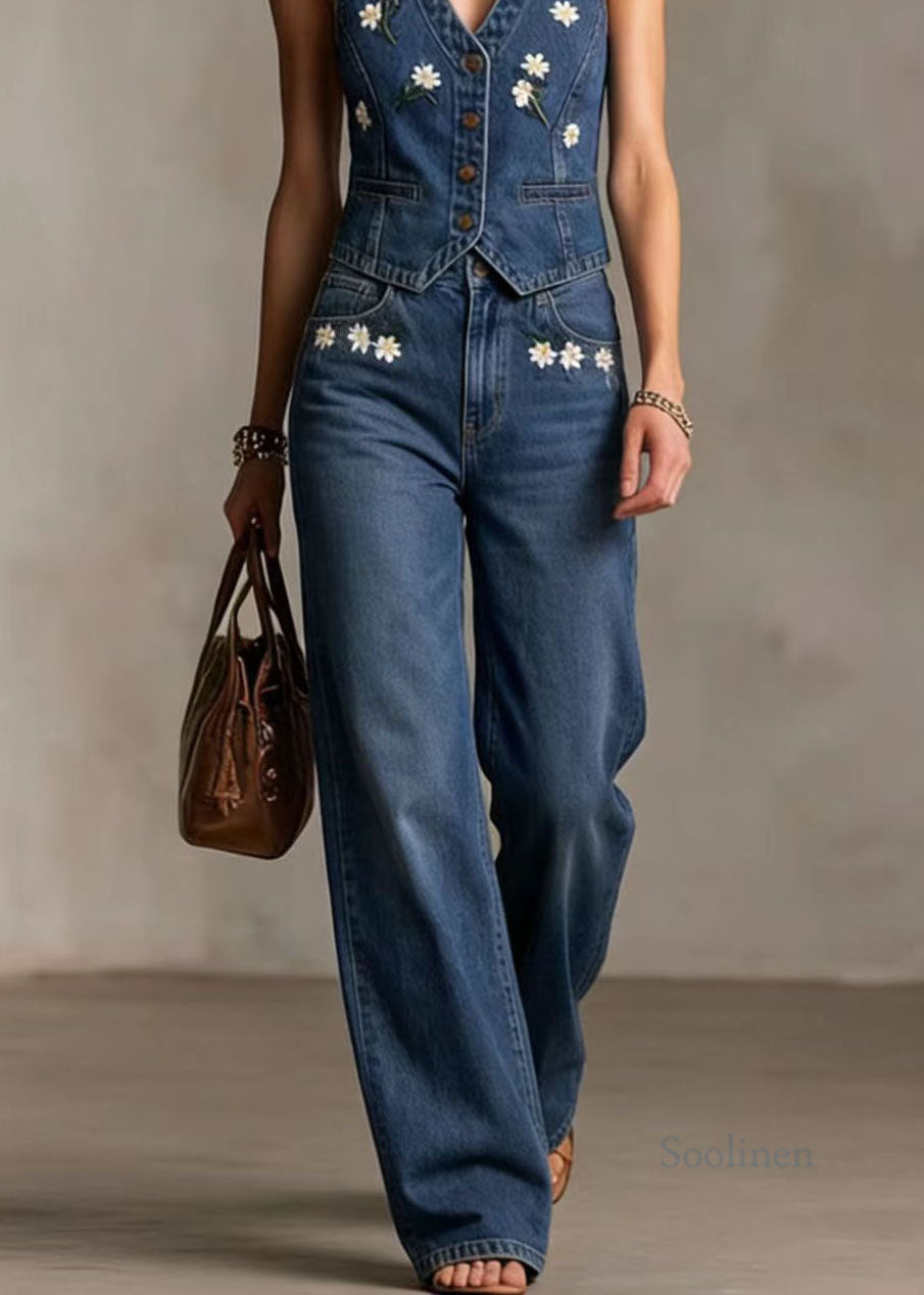 Chic Blue V Neck Embroidered Denim Two Pieces Set Summer