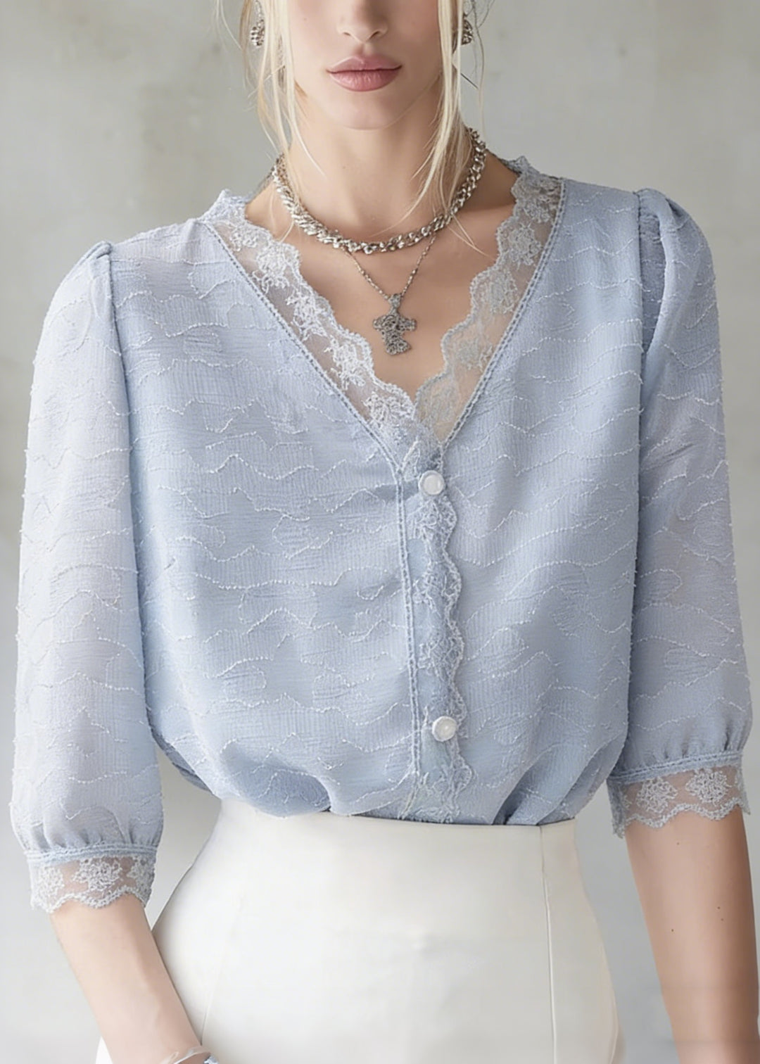 Chic Blue V Neck Lace Patchwork Cotton Top Summer