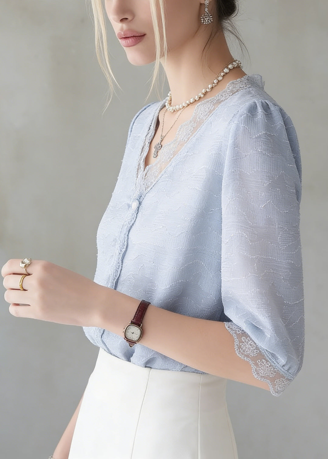 Chic Blue V Neck Lace Patchwork Cotton Top Summer