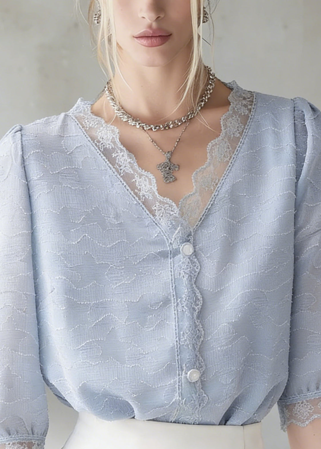 Chic Blue V Neck Lace Patchwork Cotton Top Summer