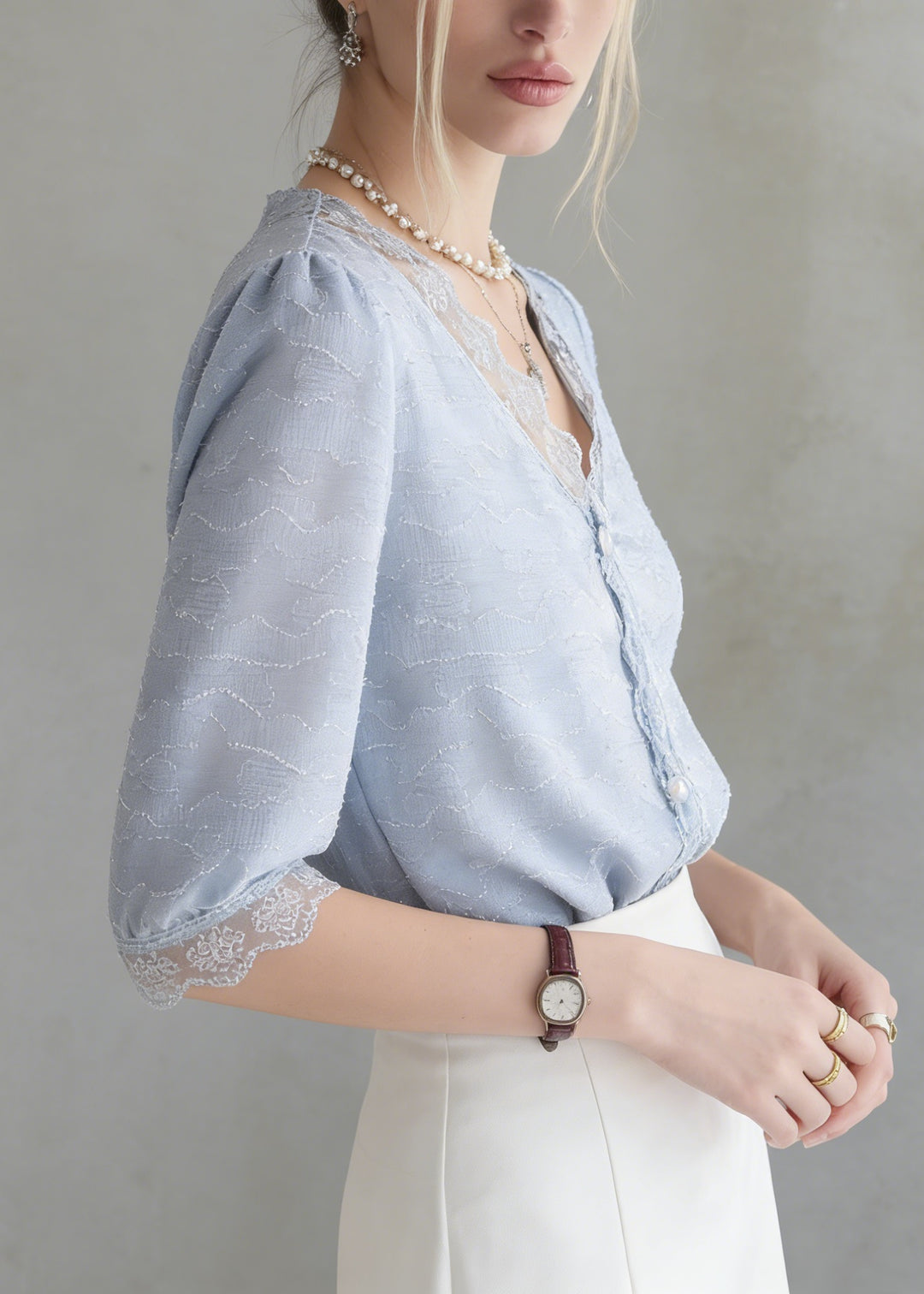 Chic Blue V Neck Lace Patchwork Cotton Top Summer