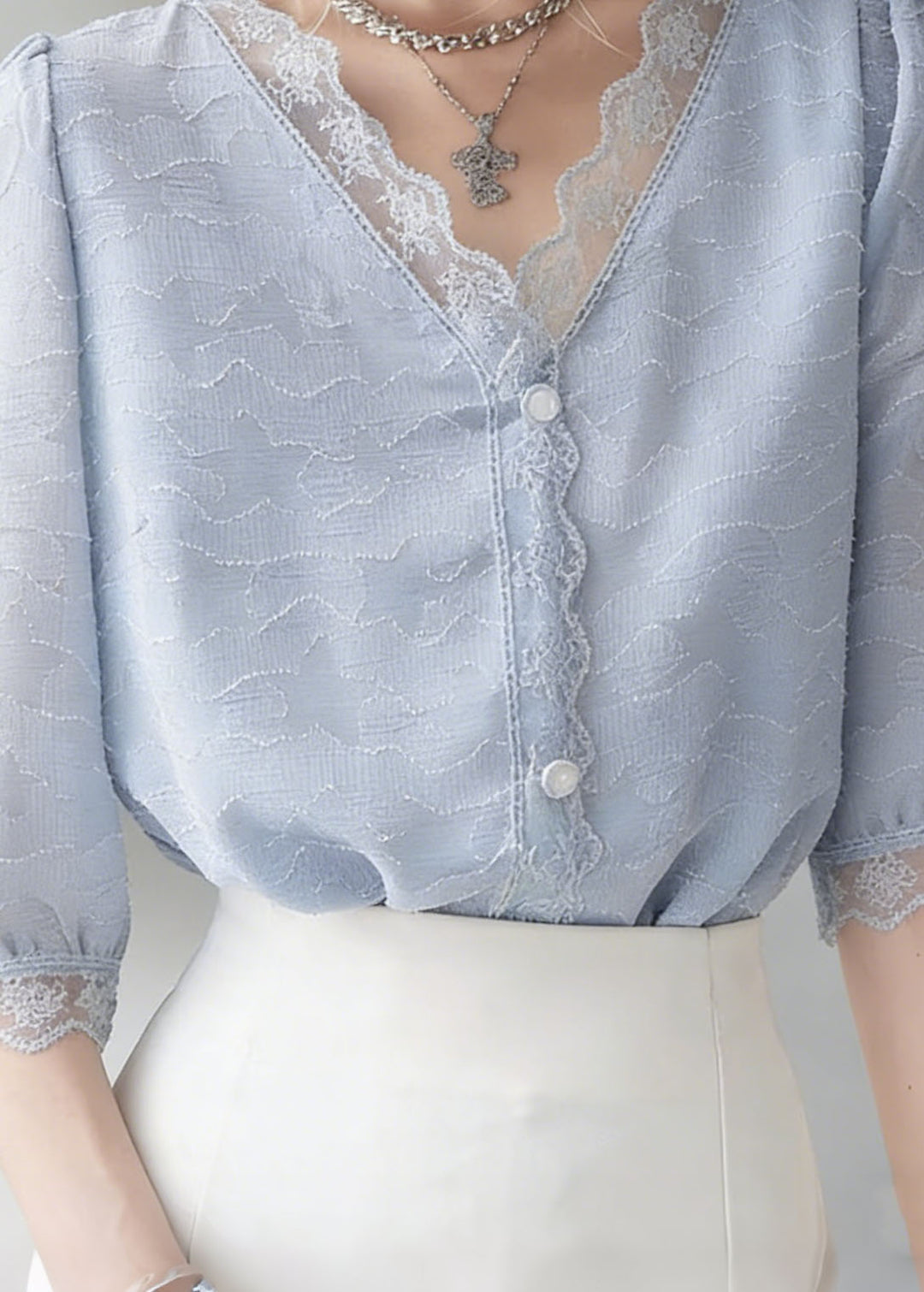 Chic Blue V Neck Lace Patchwork Cotton Top Summer