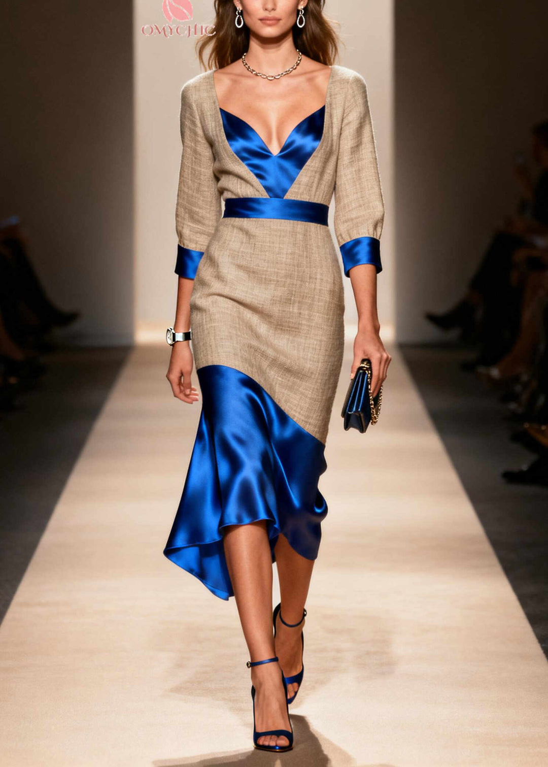 Chic Blue V Neck Patchwork Linen Silk Party Dress Summer