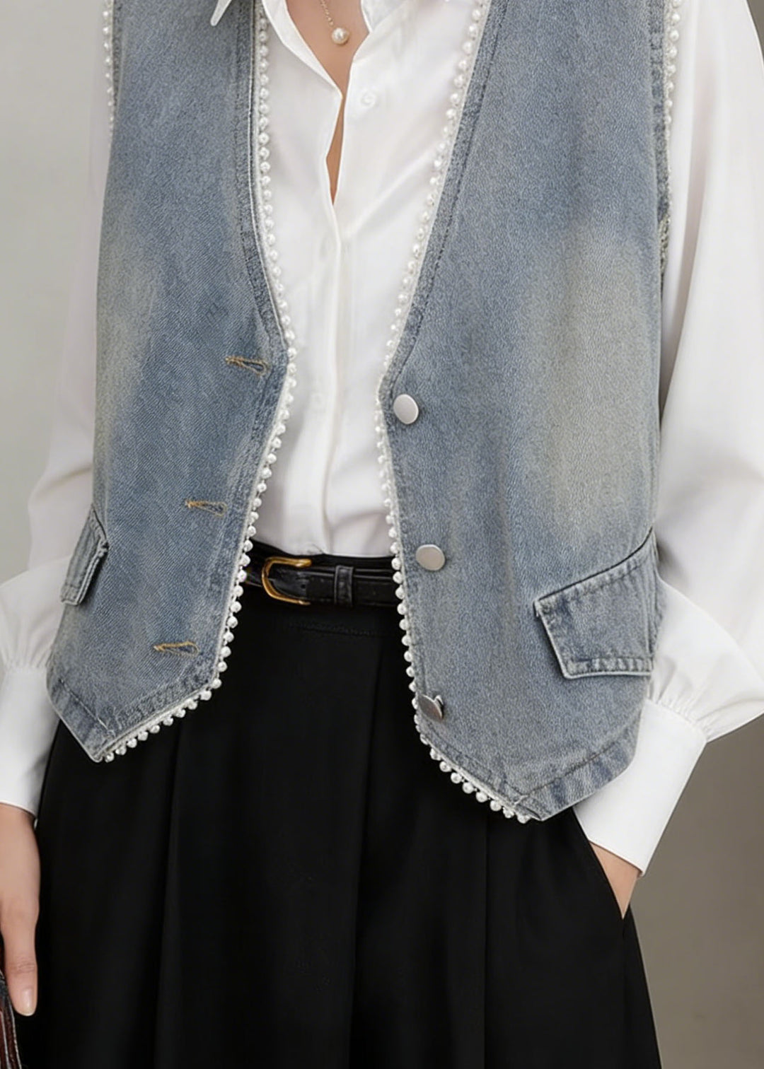 Chic Blue V Neck Pearl Edge Patchwork Denim Vest Sleeveless
