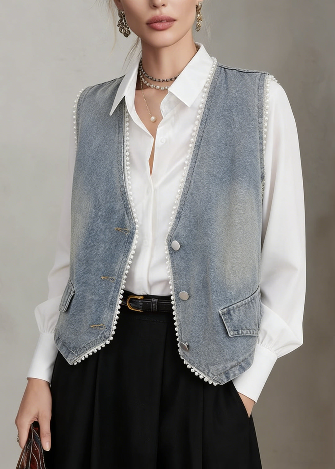 Chic Blue V Neck Pearl Edge Patchwork Denim Vest Sleeveless