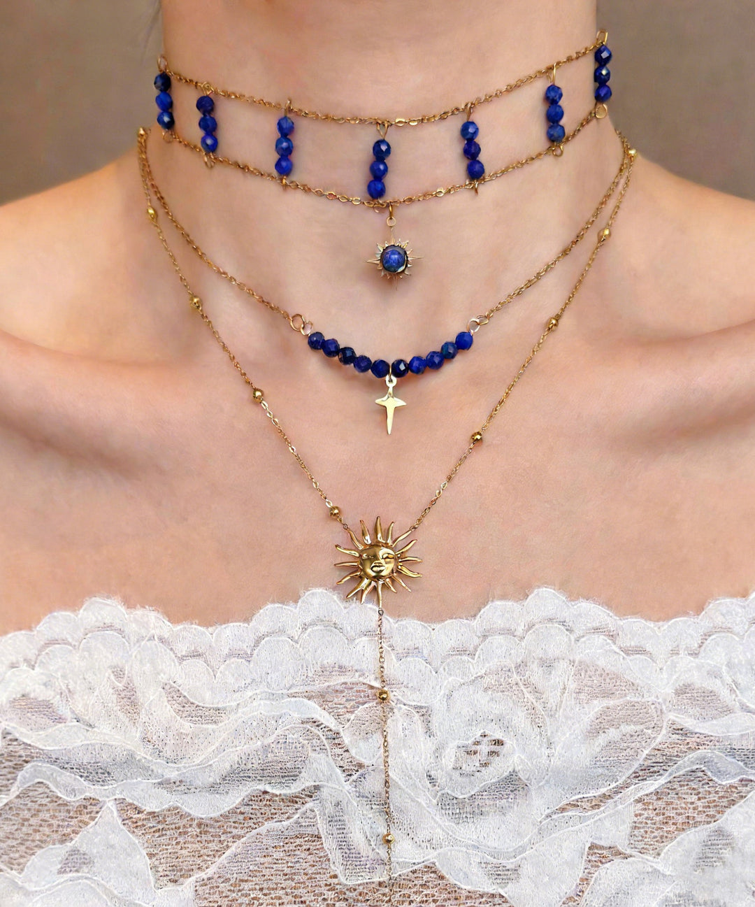 Chic Blue Wenshixing Solar Tassel Layering Alloy Three Piece Set Pendant Necklace