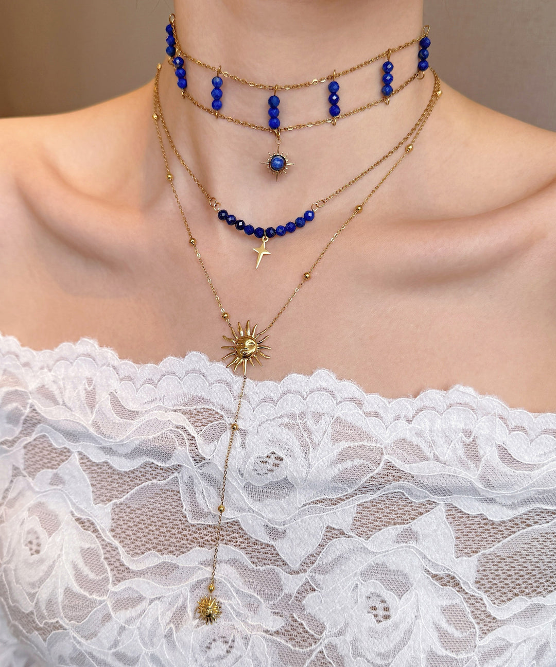 Chic Blue Wenshixing Solar Tassel Layering Alloy Three Piece Set Pendant Necklace