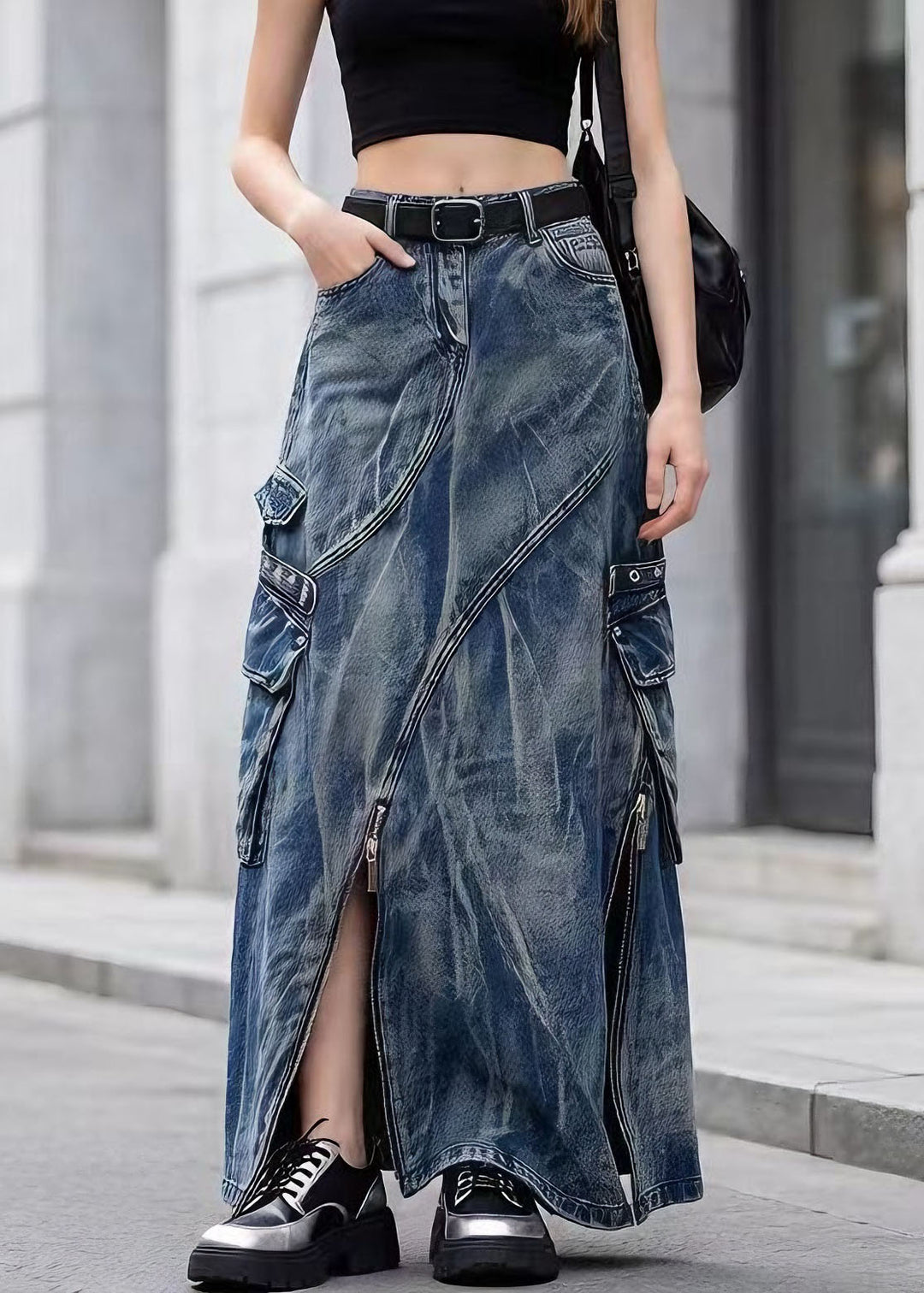 Chic Blue Zip Up Pockets Tie Dye Denim Skirts Spring - Omychic