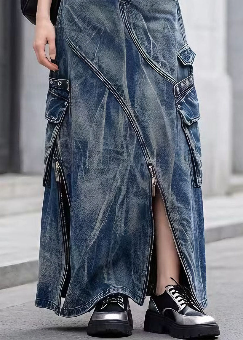 Chic Blue Zip Up Pockets Tie Dye Denim Skirts Spring - Omychic
