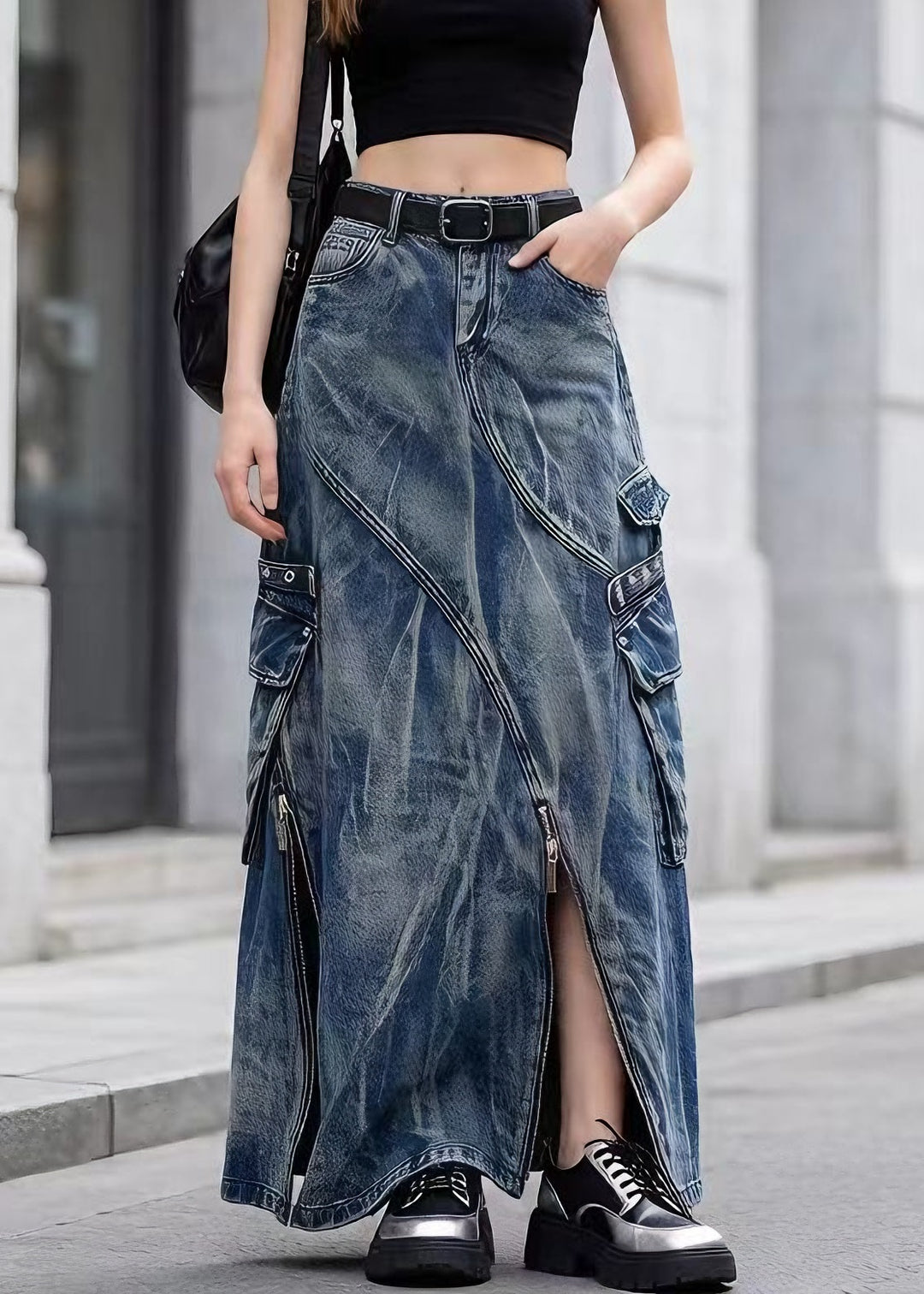 Chic Blue Zip Up Pockets Tie Dye Denim Skirts Spring - Omychic