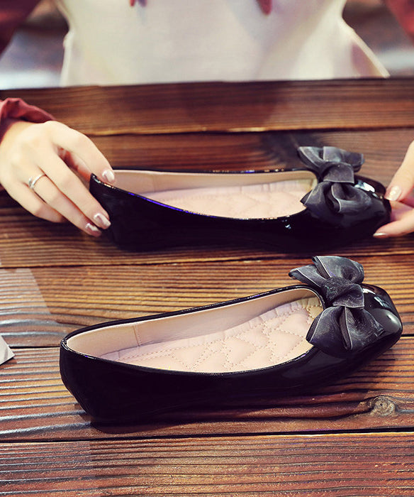 Chic Bow Flat Shoes For Women Black Faux Leather