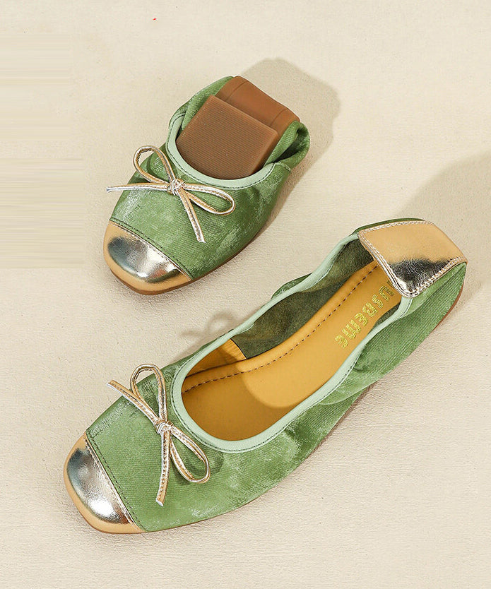 Chic Bow Flat Shoes For Women Green Sheepskin
