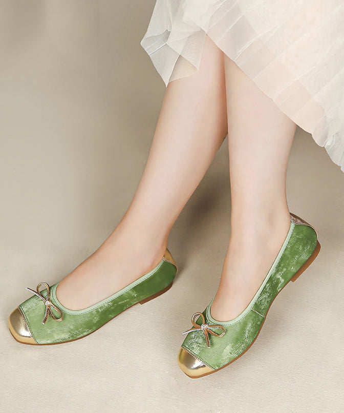 Chic Bow Flat Shoes For Women Green Sheepskin