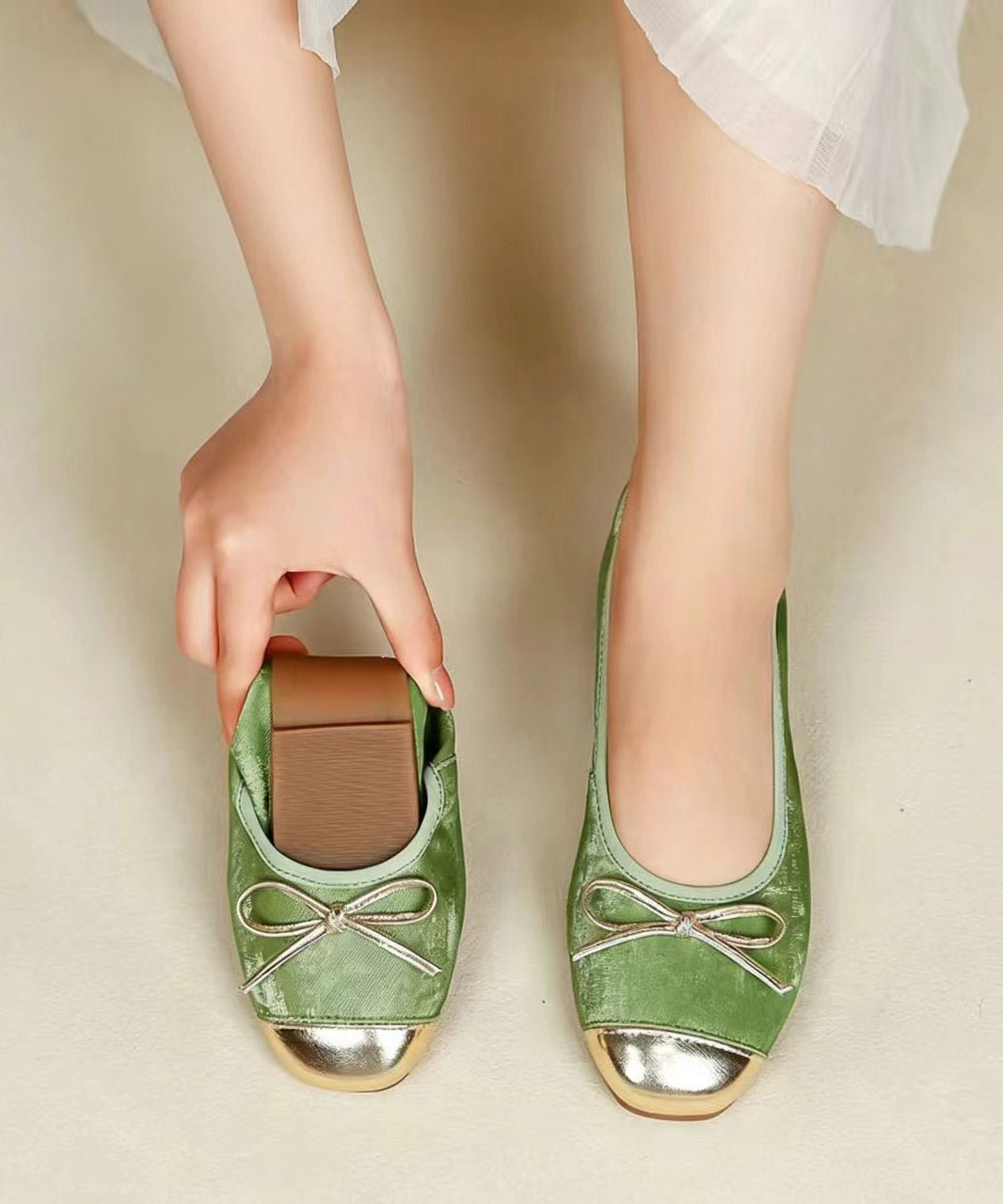Chic Bow Flat Shoes For Women Green Sheepskin