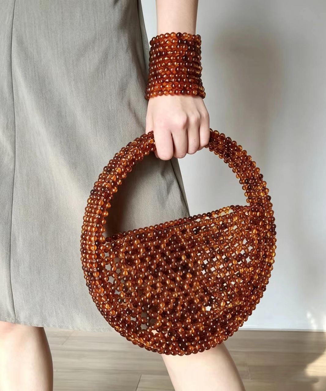 Chic Brown Beading Weave Circular Cut Out Tote