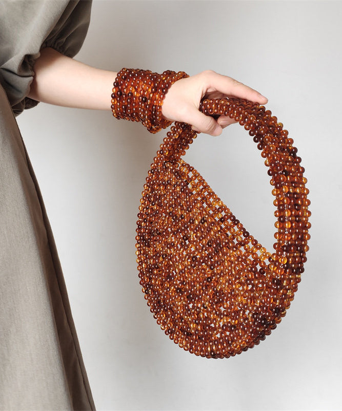 Chic Brown Beading Weave Circular Cut Out Tote