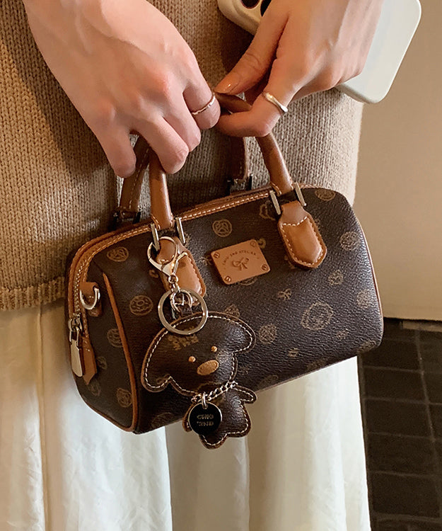 Chic Brown Cartoon Print Faux Leather Tote Handbag