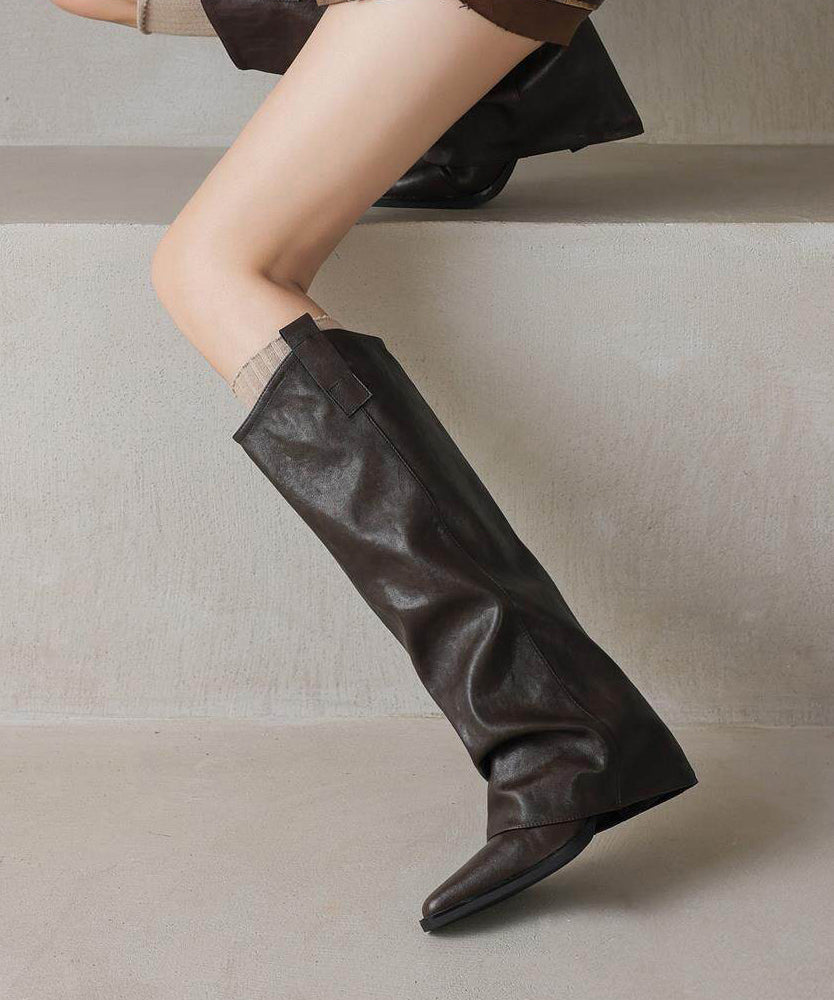 Chic Brown Cowhide Leather Splicing Chunky Boots