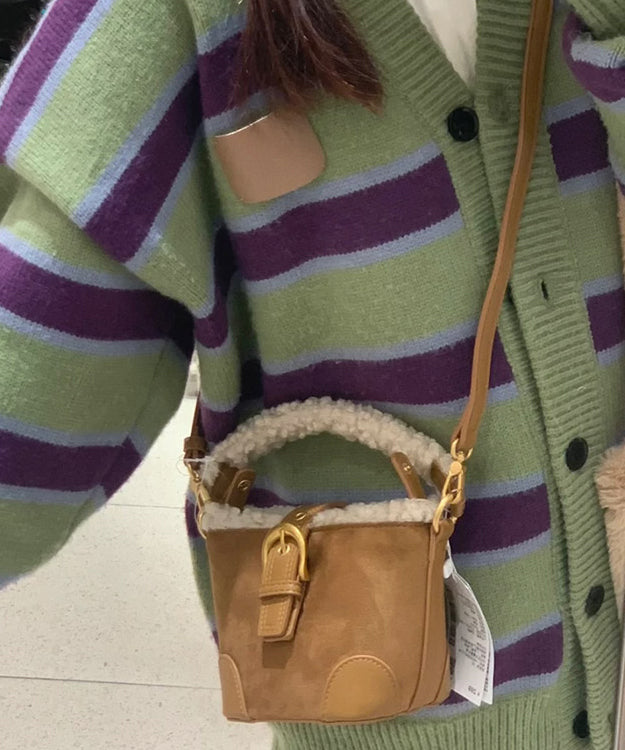 Chic Brown Faux Fur Patchwork Suede Bucket Bag
