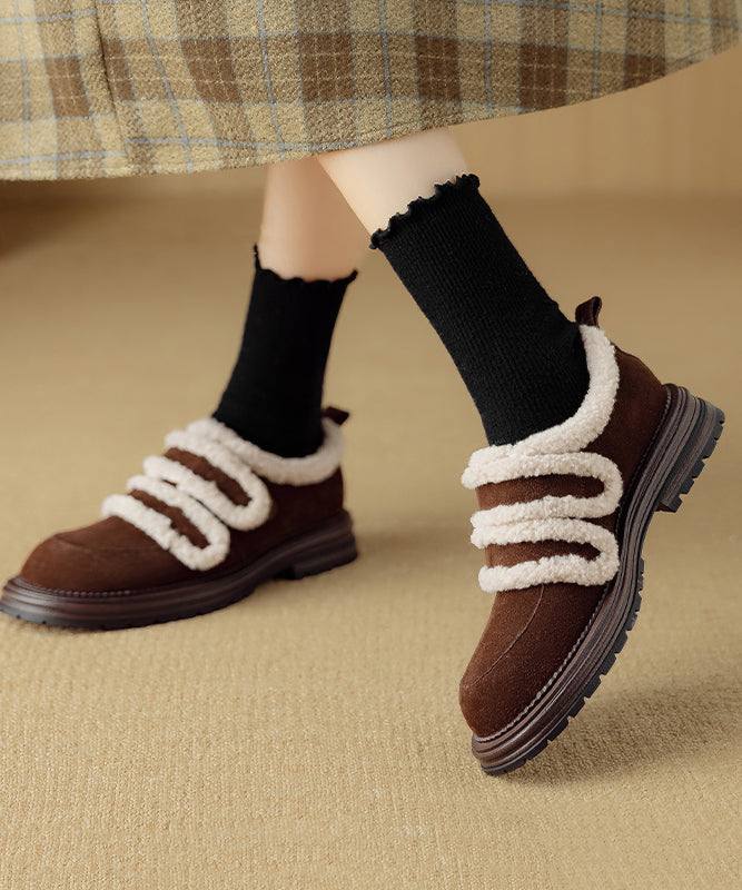 Chic Brown Fuzzy Wool Lined Splicing Suede Platform Flats