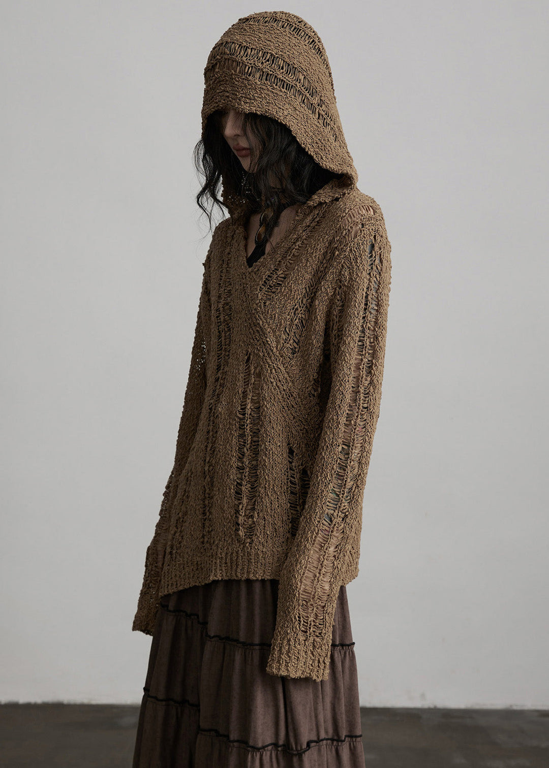 Chic Brown Hooded Hollow Out Knit Loose Pullover Spring