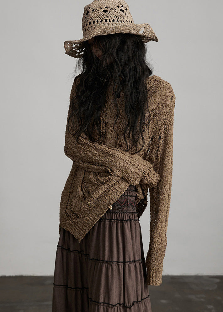 Chic Brown Hooded Hollow Out Knit Loose Pullover Spring