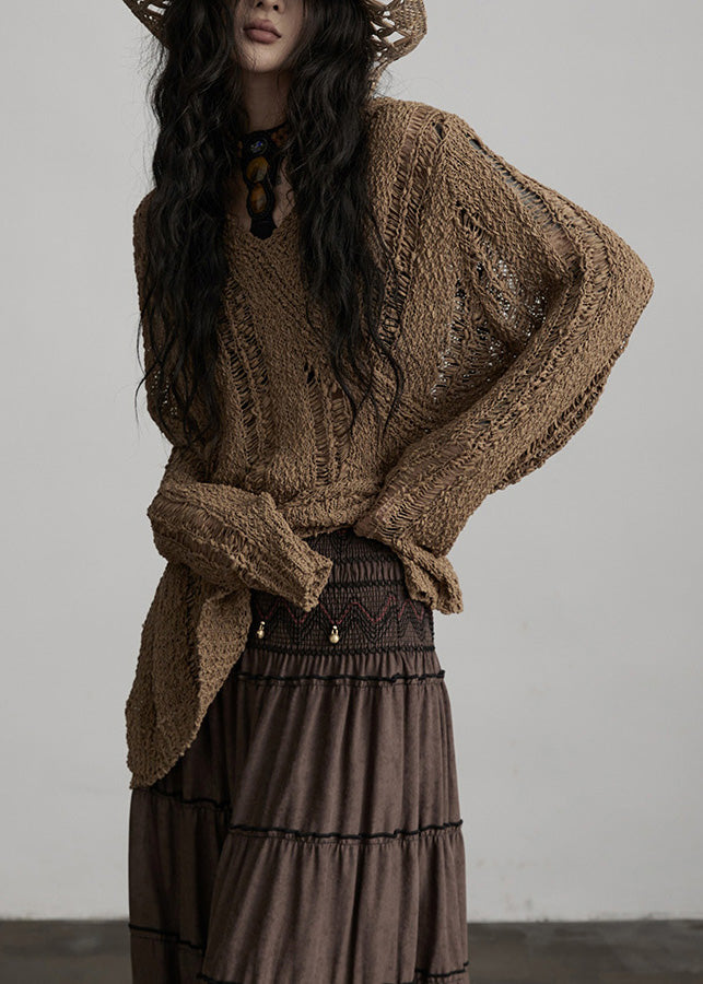 Chic Brown Hooded Hollow Out Knit Loose Pullover Spring
