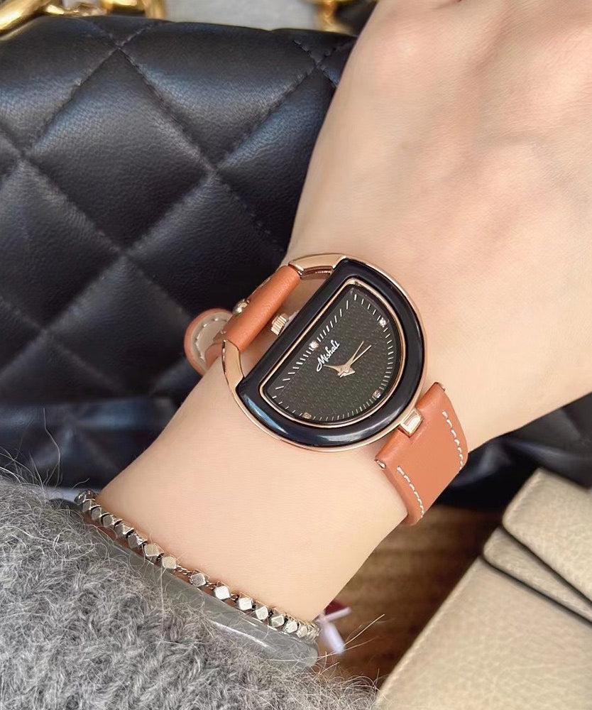 Chic Brown Leather Alloy Hardlex Crystal Semicircle Watches