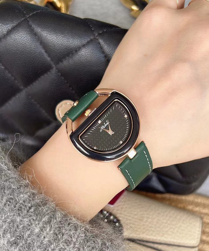 Chic Brown Leather Alloy Hardlex Crystal Semicircle Watches