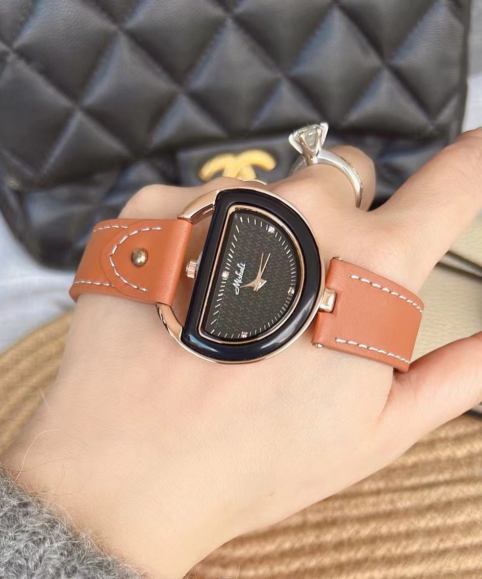 Chic Brown Leather Alloy Hardlex Crystal Semicircle Watches
