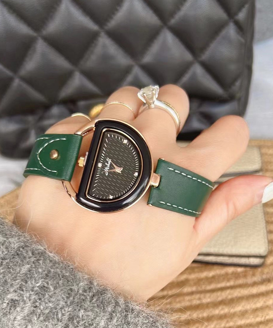 Chic Brown Leather Alloy Hardlex Crystal Semicircle Watches