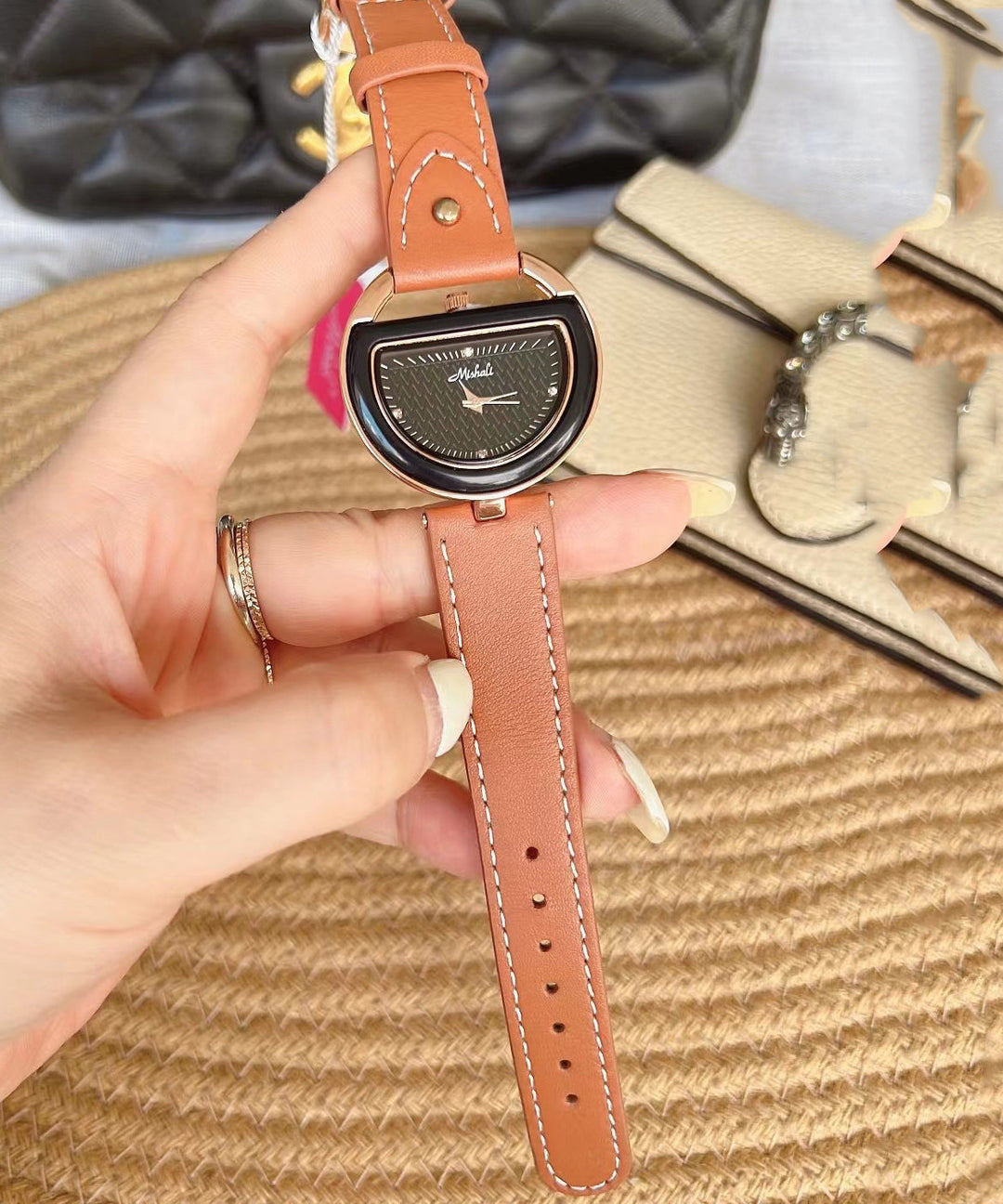 Chic Brown Leather Alloy Hardlex Crystal Semicircle Watches