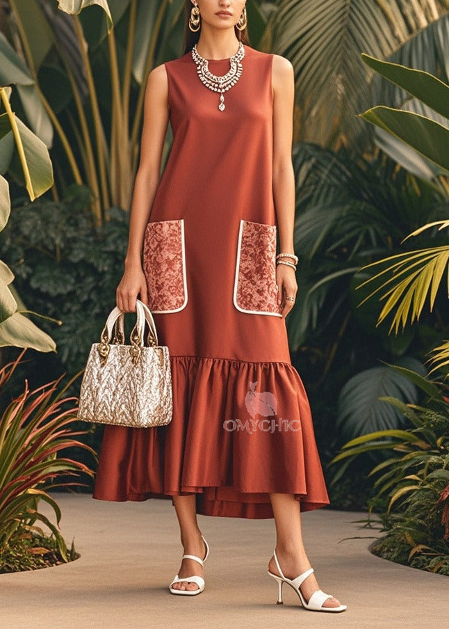 Chic Brown O-Neck Patchwork Pockets Silk Maxi Dress Sleeveless