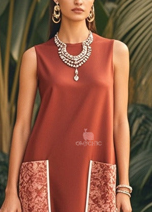 Chic Brown O-Neck Patchwork Pockets Silk Maxi Dress Sleeveless