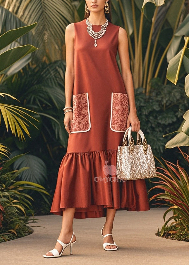 Chic Brown O-Neck Patchwork Pockets Silk Maxi Dress Sleeveless