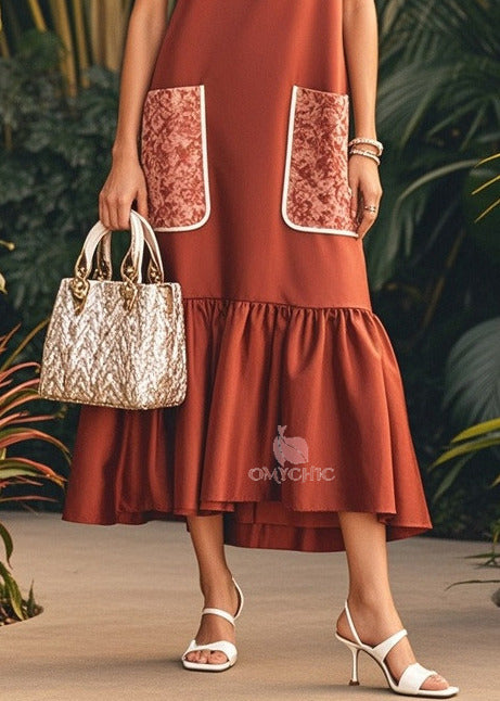 Chic Brown O-Neck Patchwork Pockets Silk Maxi Dress Sleeveless