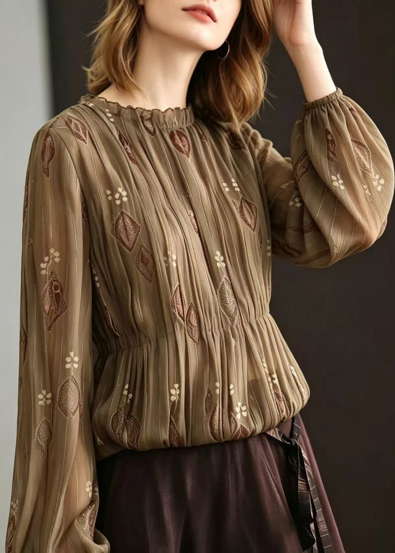 Chic Brown O-Neck Ruffled Jacquard Pleated Chiffon Tops Long sleeve
