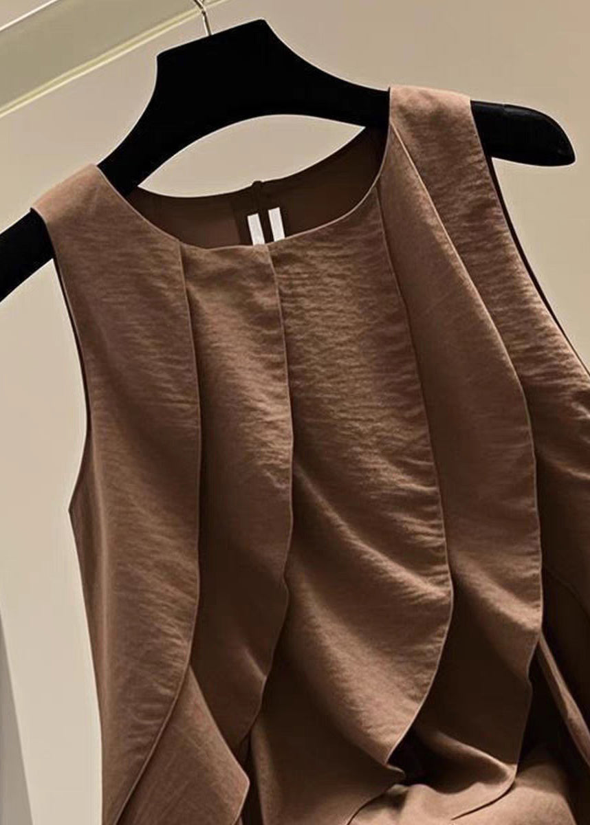 Chic Brown O-Neck Ruffled Patchwork T Shirts Summer