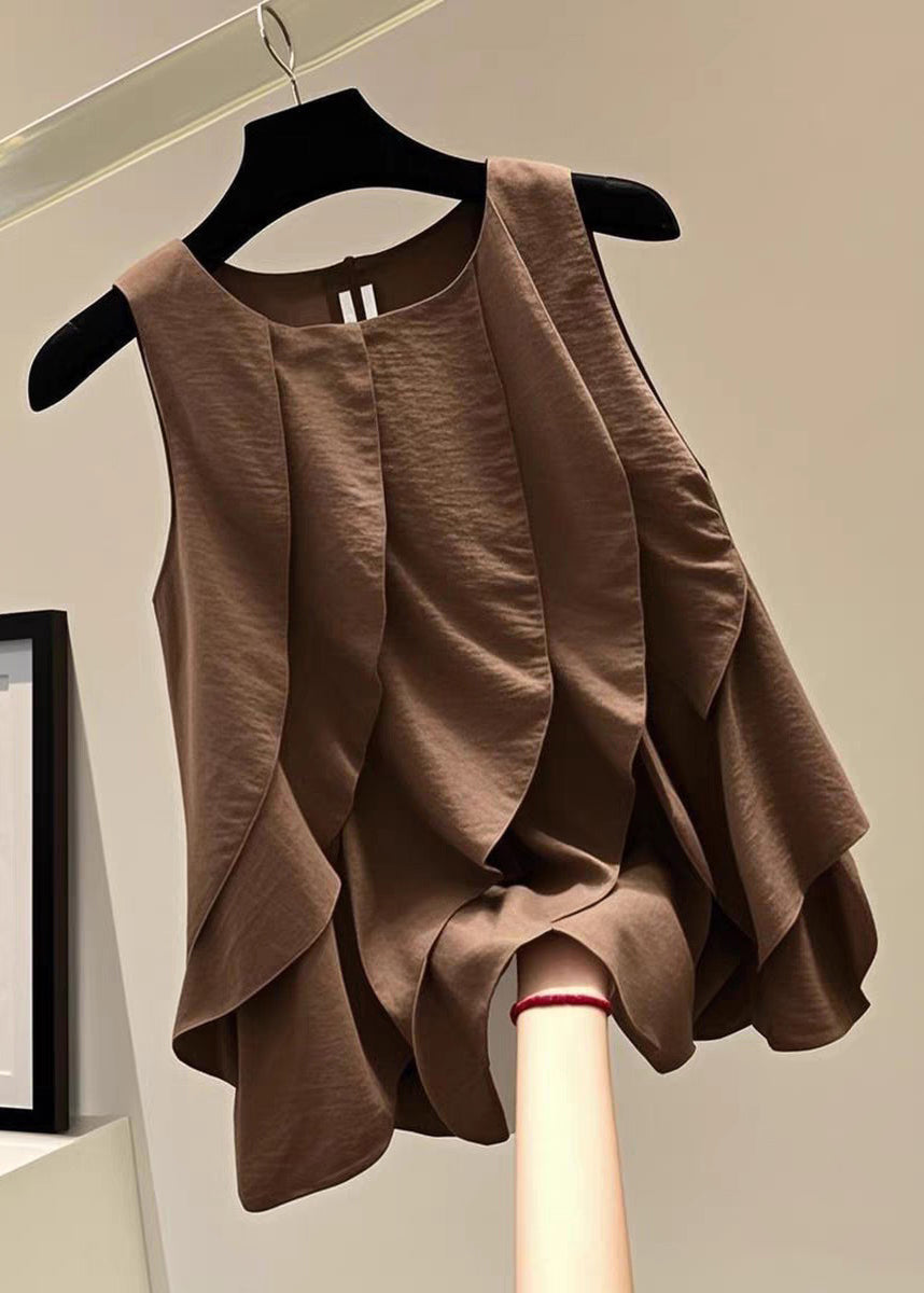 Chic Brown O-Neck Ruffled Patchwork T Shirts Summer