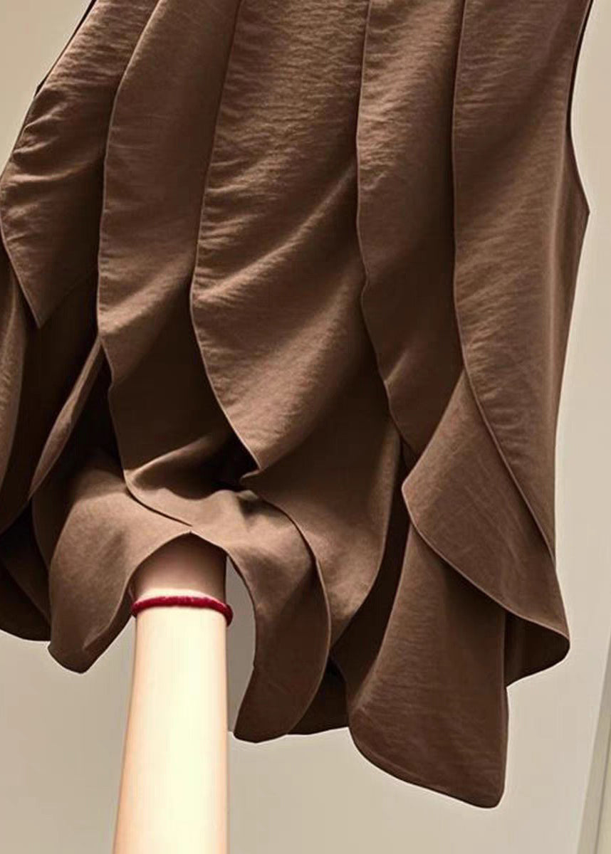 Chic Brown O-Neck Ruffled Patchwork T Shirts Summer