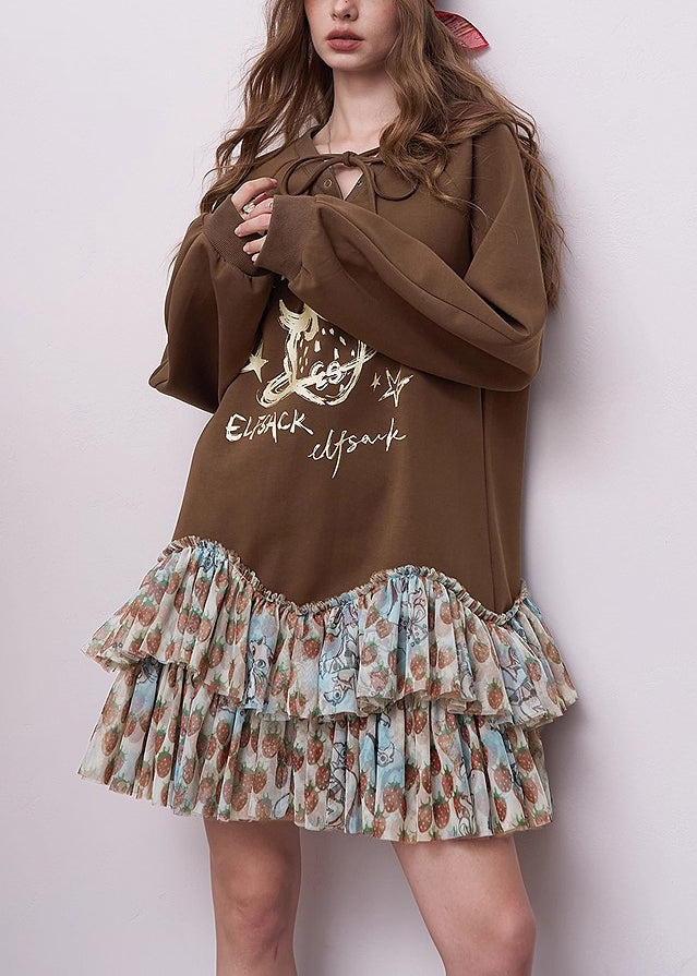 Chic Brown Oversized Patchwork Cotton Sweatshirts Dress Fall