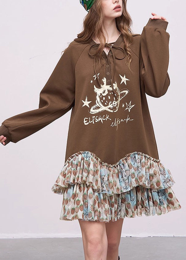 Chic Brown Oversized Patchwork Cotton Sweatshirts Dress Fall
