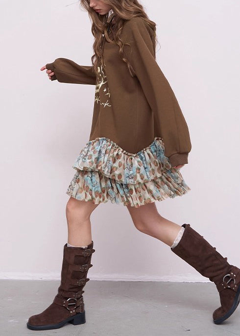 Chic Brown Oversized Patchwork Cotton Sweatshirts Dress Fall