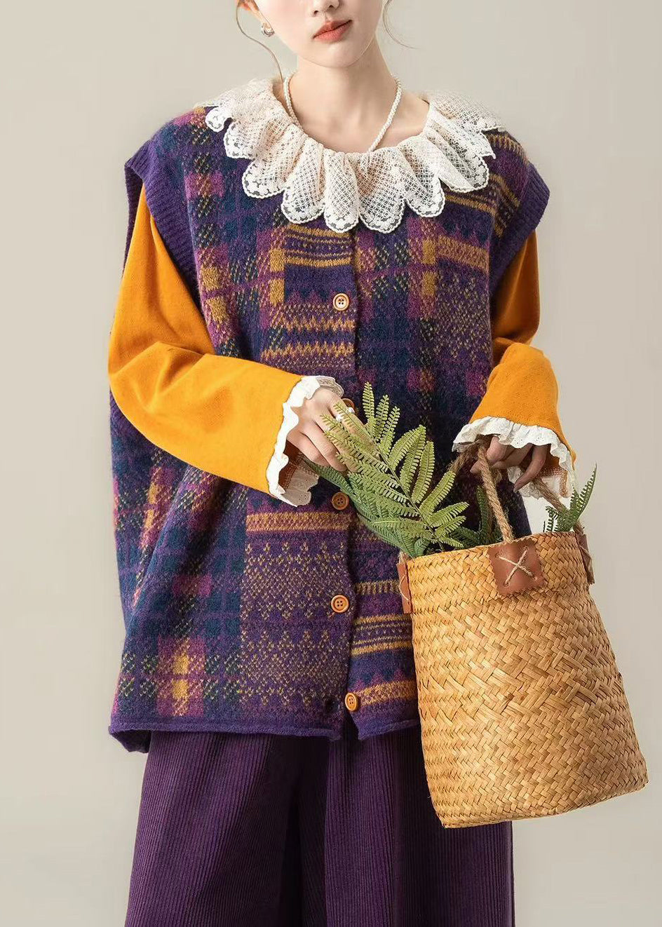 Chic Brown Oversized Print Knit Vests Winter