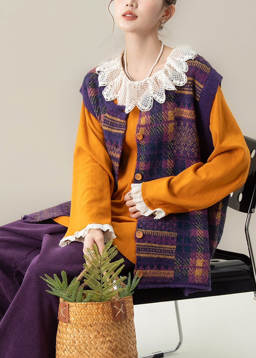 Chic Brown Oversized Print Knit Vests Winter